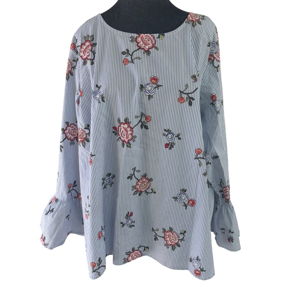 Alexander Jordan Cottagecore Romantic 2X Blue Striped‎ Floral Bell Sleeve Blouse
